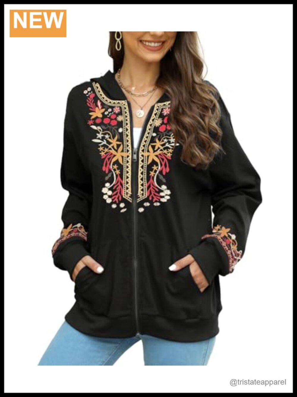 Women Floral Embroidered Zip Hoodie Jacket Cotton Long Sleeve Fall Winter Coat